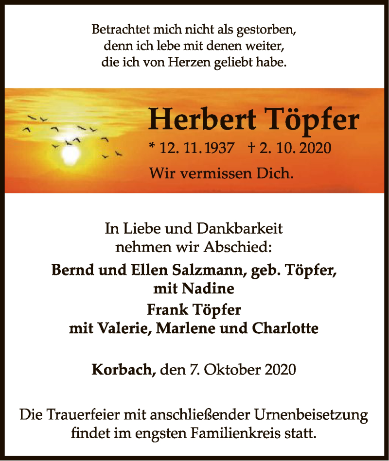  Traueranzeige für Herbert Töpfer vom 07.10.2020 aus WLZ