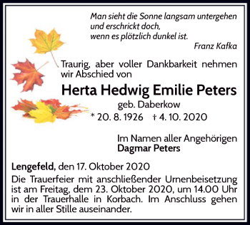 Traueranzeige von Herta Hedwig Emilie Peters von WLZ