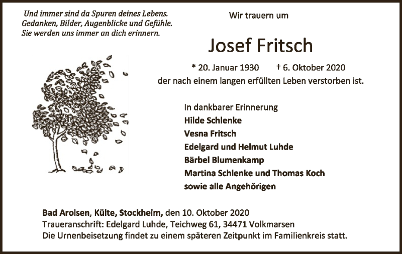  Traueranzeige für Josef Fritsch vom 10.10.2020 aus WLZ