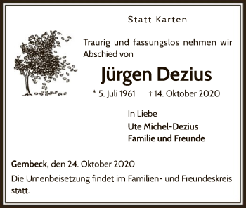 Traueranzeige von Jürgen Dezius von WLZ