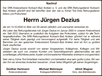 Traueranzeige von Jürgen Dezius von WLZ