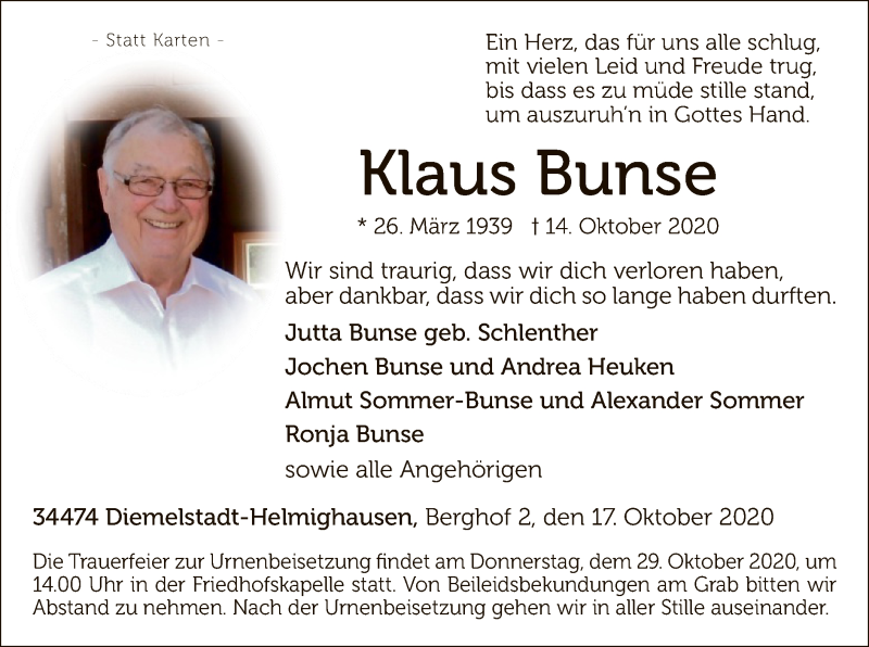  Traueranzeige für Klaus Bunse vom 17.10.2020 aus WLZ