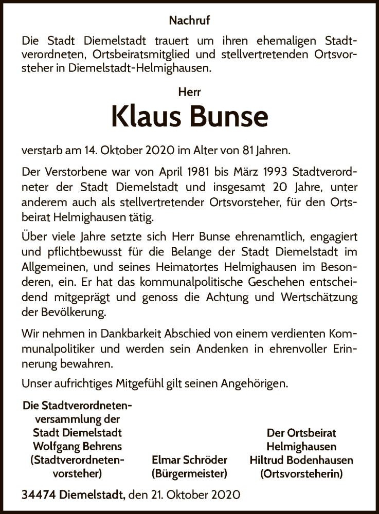  Traueranzeige für Klaus Bunse vom 21.10.2020 aus WLZ