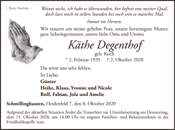 Traueranzeige von Käthe Degenthof von WLZ