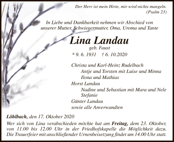 Traueranzeige von Lina Landau von HNA