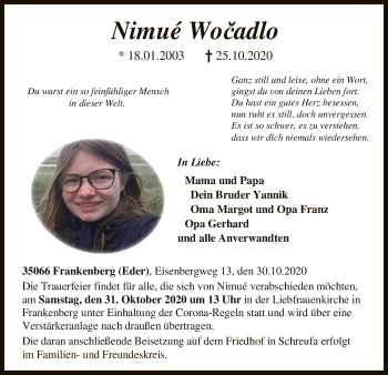 Traueranzeige von Nimué Wocadlo von HNA