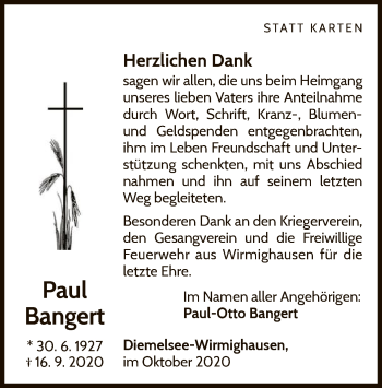 Traueranzeige von Paul Bangert von WLZ