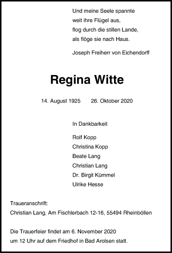 Traueranzeige von Regina Witte von WLZ