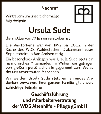 Traueranzeige von Ursula Sude von WLZ