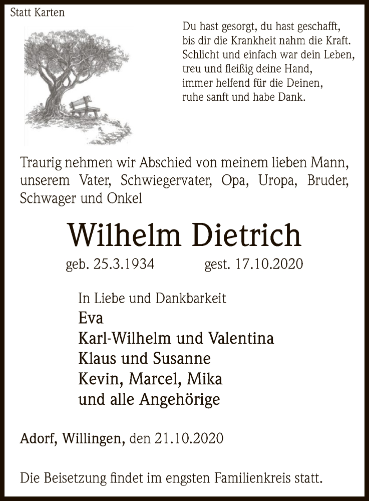 Traueranzeige für Wilhelm Dietrich vom 21.10.2020 aus WLZ