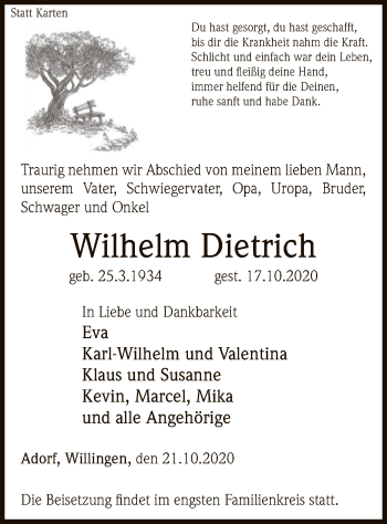 Traueranzeige von Wilhelm Dietrich von WLZ