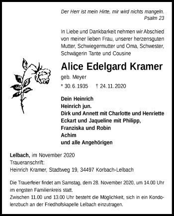 Traueranzeige von Alice Edelgard Kramer von WLZ