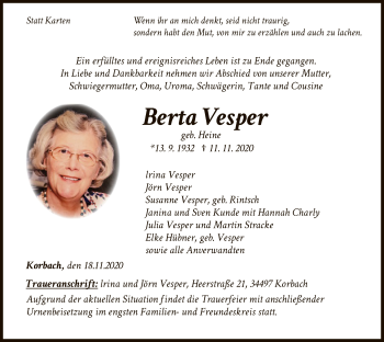 Traueranzeige von Berta Vesper von WLZ