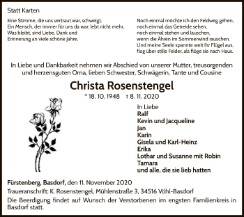 Traueranzeige von Christa Rosenstengel von WLZ