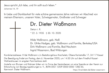 Traueranzeige von Dieter Waßmann von HNA