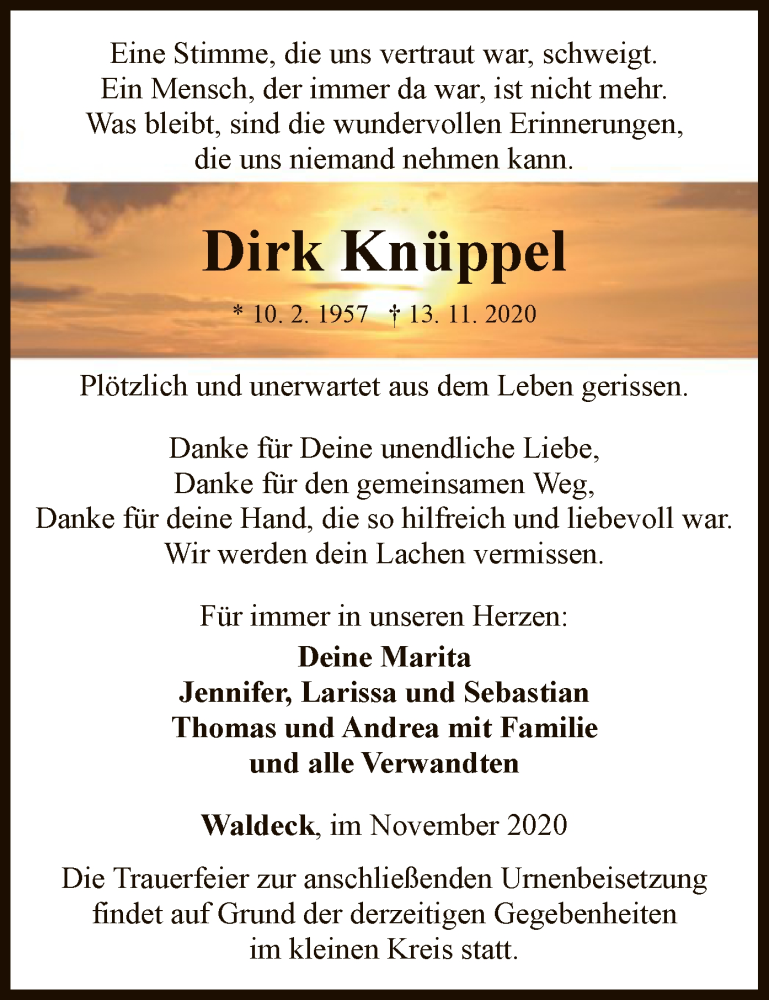  Traueranzeige für Dirk Knüppel vom 21.11.2020 aus WLZ