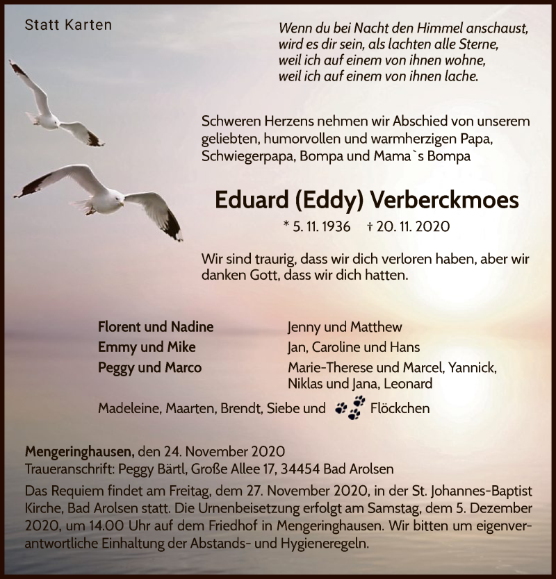  Traueranzeige für Eduard Verberckmoes vom 24.11.2020 aus WLZ