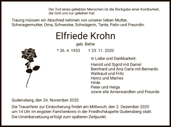 Traueranzeige von Elfriede Krohn von HNA