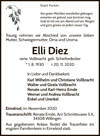 Traueranzeige von Elli Diez von WLZ