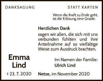 Traueranzeige von Emma Lind von WLZ