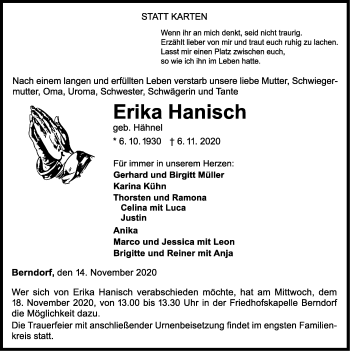 Traueranzeige von Erika Hanisch von WLZ