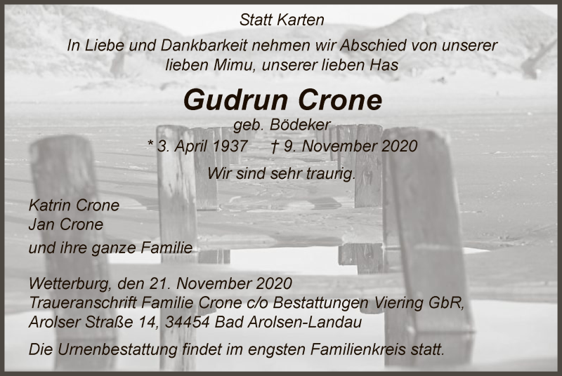  Traueranzeige für Gudrun Crone vom 21.11.2020 aus WLZ