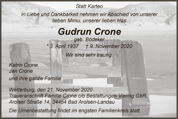 Traueranzeige von Gudrun Crone von WLZ