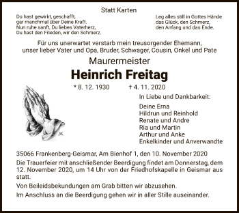 Traueranzeige von Heinrich Freitag von HNA