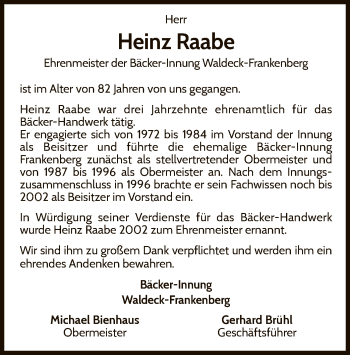 Traueranzeige von Heinz Raabe von WLZ