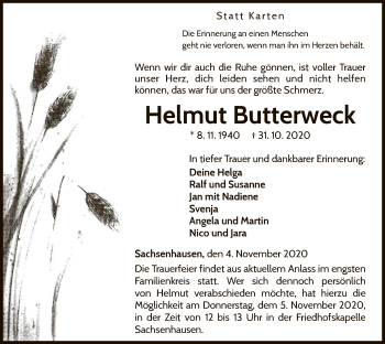 Traueranzeige von Helmut Butterweck von WLZ