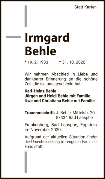 Traueranzeige von Irmgard Behle von WLZ