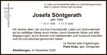 Traueranzeige von Josefa Söntgerath von WLZ