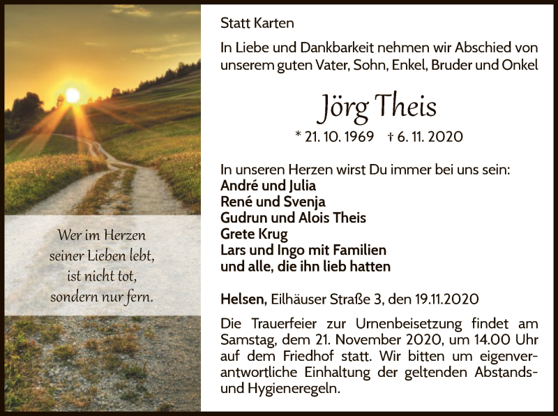  Traueranzeige für Jörg Theis vom 19.11.2020 aus WLZ