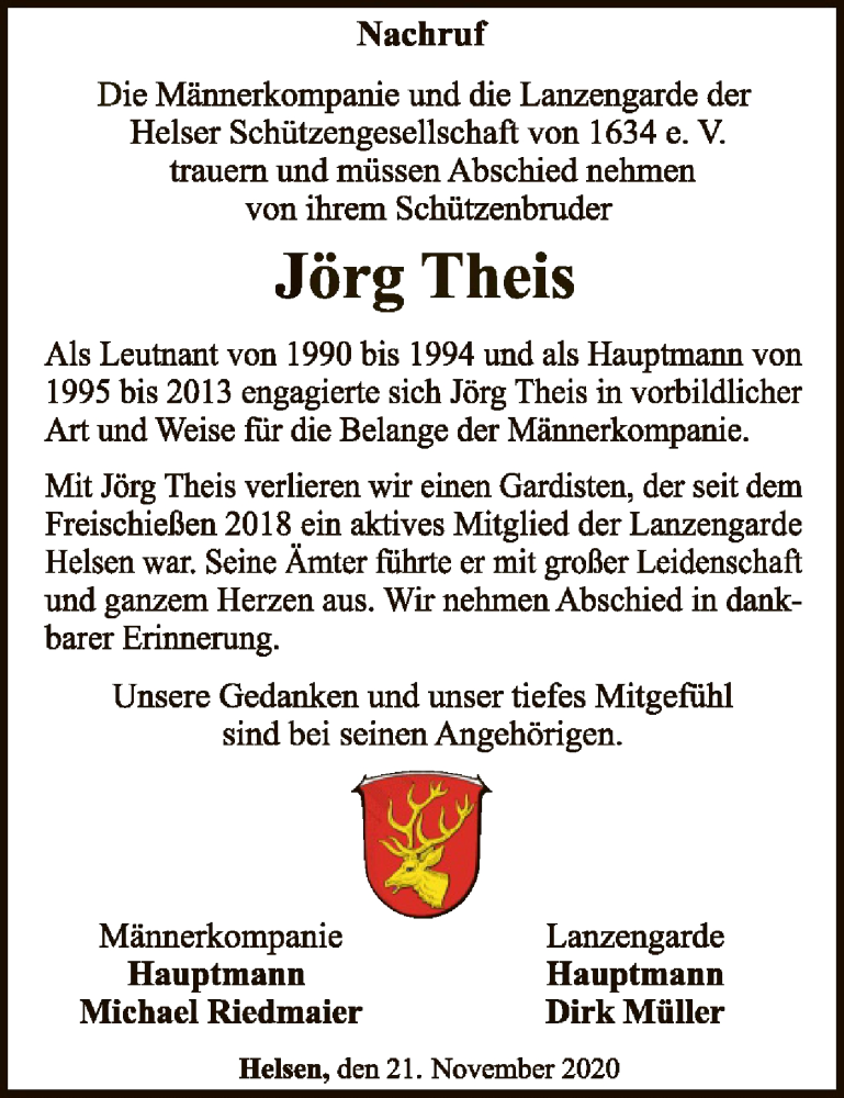 Traueranzeige für Jörg Theis vom 21.11.2020 aus WLZ