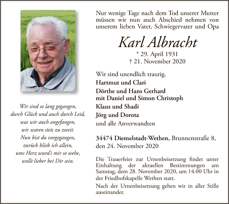  Traueranzeige für Karl Albracht vom 24.11.2020 aus WLZ