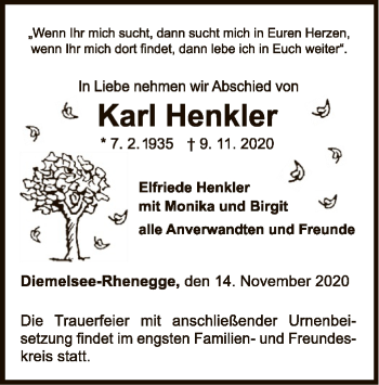 Traueranzeige von Karl Henkler von WLZ