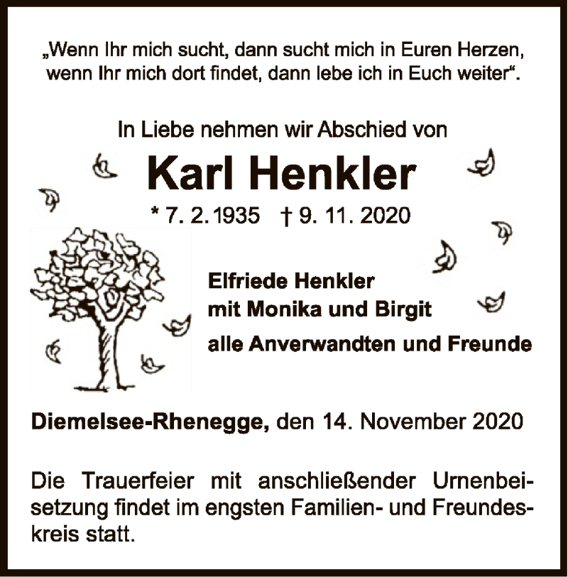  Traueranzeige für Karl Henkler vom 14.11.2020 aus WLZ