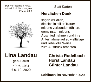 Traueranzeige von Lina Landau von HNA