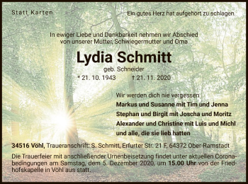 Traueranzeige von Lydia Schmitt von WLZ