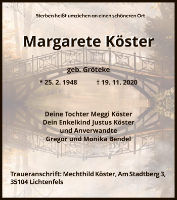 Traueranzeige von Margarete Köster von WLZ