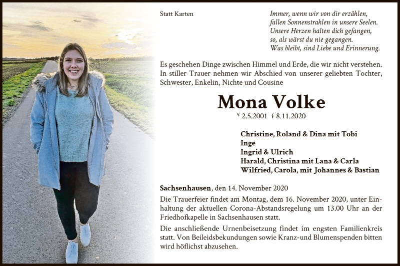 Traueranzeige für Mona Volke vom 14.11.2020 aus WLZ