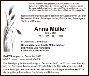 Traueranzeige von Anna Müller von WLZ