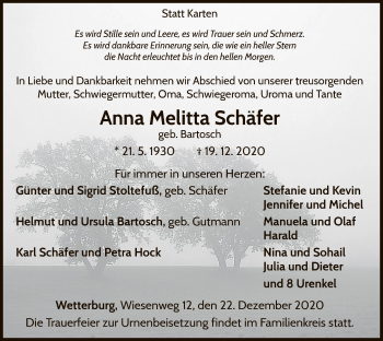 Traueranzeige von Anna Melitta Schäfer von WLZ