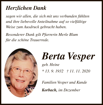 Traueranzeige von Berta Vesper von WLZ