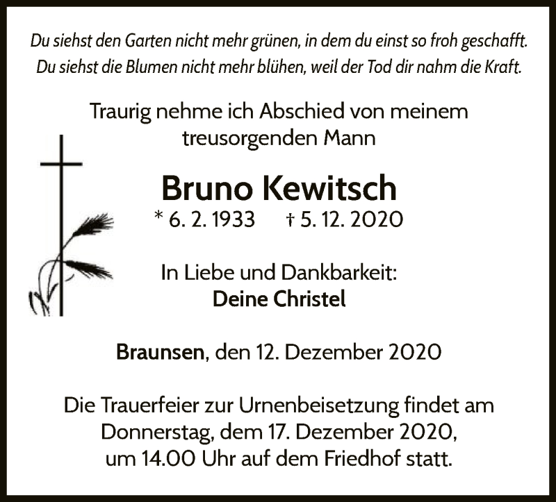  Traueranzeige für Bruno Kewitsch vom 12.12.2020 aus WLZ