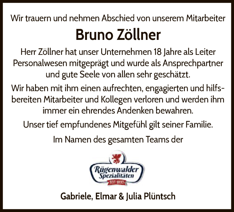  Traueranzeige für Bruno Zöllner vom 05.12.2020 aus WLZ