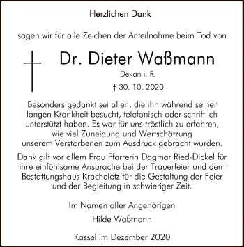 Traueranzeige von Dieter Waßmann von HNA