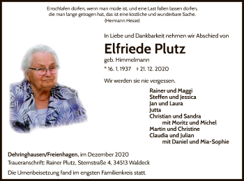 Traueranzeige von Elfriede Plutz von WLZ