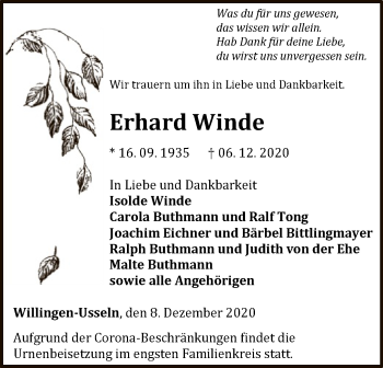 Traueranzeige von Erhard Winde von WLZ