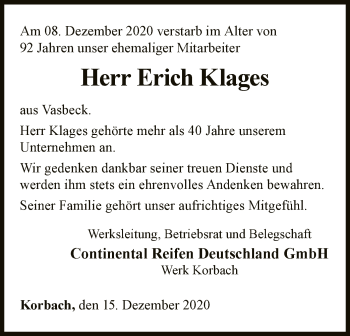 Traueranzeige von Erich Klages von WLZ